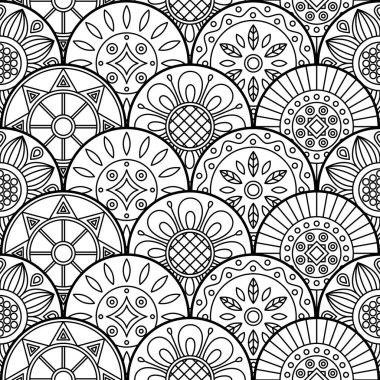 Mandalas, kusursuz desen. Boyama kitabı için yuvarlak elementler. Beyaz arka planda siyah çizgiler. Vektör arkaplanı.