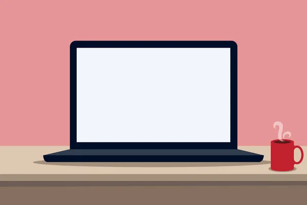 Boş ekranlı bir laptop. Vektör düz çizim. Bilgisayarı ve kahveyi masada aç..