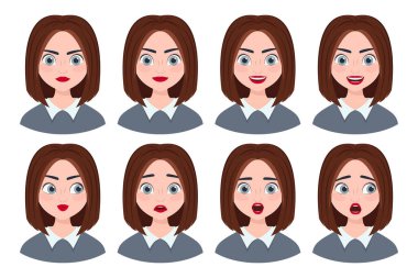 Sevimli esmer bir kızın yüzündeki duygular. Vektör çizimi. Neşe ve şaşkınlık, kızgınlık ve zevk. kadın yüz ifadeleri.