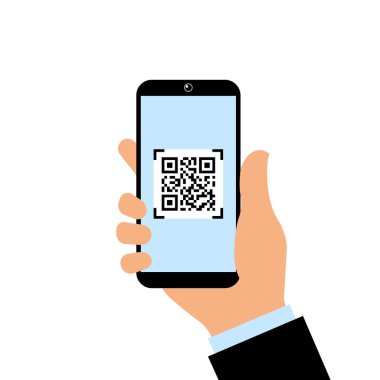 Ekranda QR kodu olan akıllı telefon. Vektör çizimi. QR kodunu taramak için modern bir telefon tutuyorum..