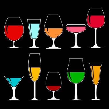 Karanlık arka planda alkollü şarap bardakları, izole ikon koleksiyonu. Vektör çizimi. İçki, şarap, kokteyl..