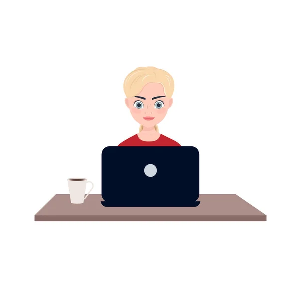 Girl Works Laptop Vector Color Illustration Cute Female Character Desk — Stock Vector
