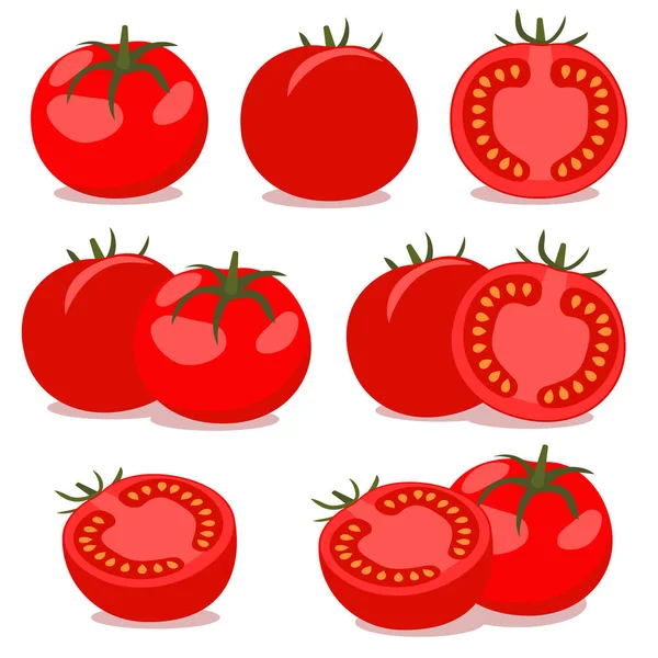 Tomate Vetorial Tomates Inteiros Cortados Sobre Fundo Branco Coleção Ilustrações — Vetor de Stock