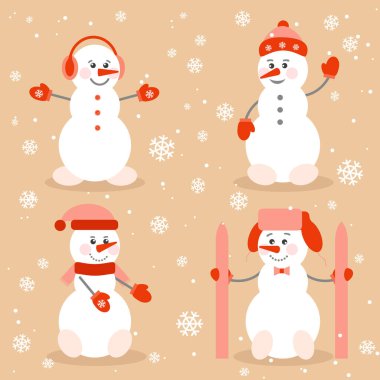 Kardan adamlar, ikonlar. Kış kıyafetleri ve kar taneleri içinde komik sevimli kardan adamlar. Vektör illüstrasyonu.