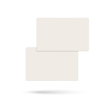 Havada gölgeli beyaz arka planda iki gerçekçi boş plastik kart var. Vektör illüstrasyonu.