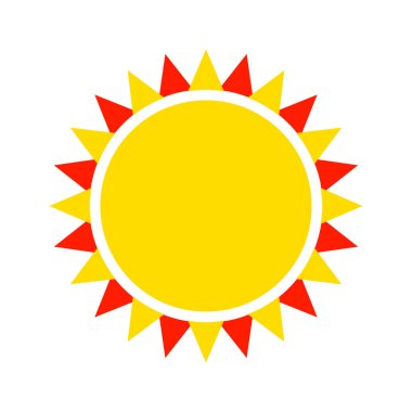 Güneş ikonu, vektör çizimi. Beyaz arka planda sarı ve kırmızı siluet. Düz biçim.