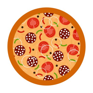 Domatesli ve sosisli pizza, üst manzara. Yemek. Beyaz arkaplanda yuvarlak bir simge. vektör düz illüstrasyon.