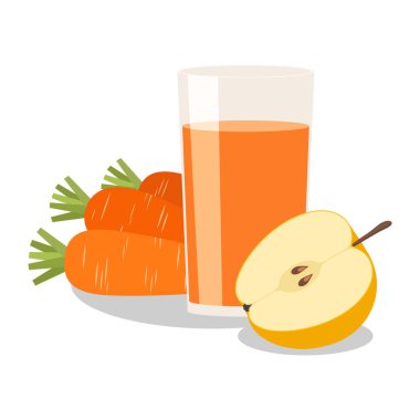 Bir bardak elma ve havuç suyu, iç. Beyaz arka planda bir sürü kök. Vektör düz resimleme. 