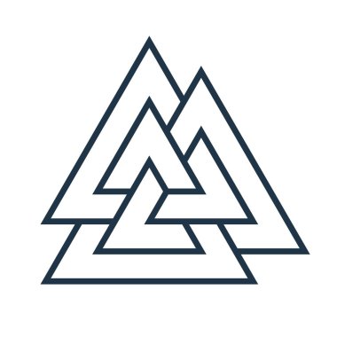 Birleşmiş üçgenler, valknut. Vektör çizimi. Düz simge. Logo, dövme, tılsım. Esrarengiz, okült, kutsal geometri.