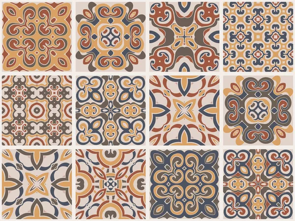 Geleneksel süslemeli Portekiz dekoratif renkli fayanslar azulejos. Soyut arkaplan. Vektör el çizimi, tipik Portekiz fayansları, seramik fayanslar. Kusursuz desen.