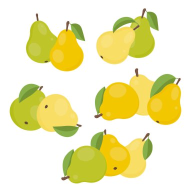 Farklı açılarda yaprakları olan armutlar. Renkli ikonlar. Vektör illüstrasyonu.