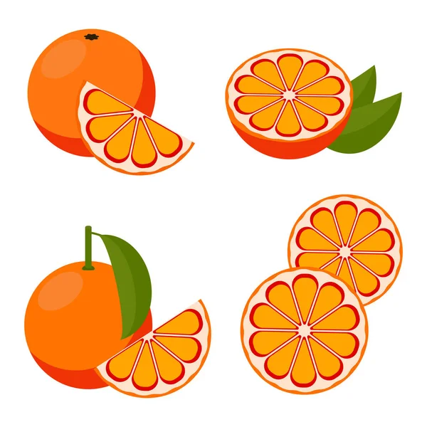 アイコン赤血オレンジ 全体の果物と半分を 葉となしで設定します 平面図のベクトル図 — ストックベクタ