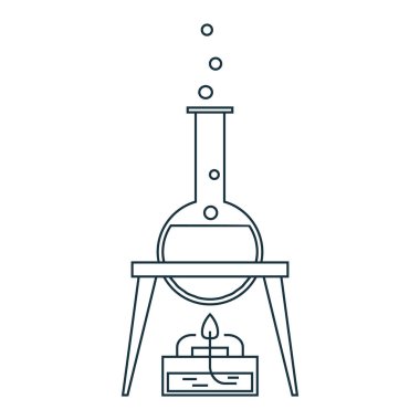 Şişedeki sıvıyı doğrusal ikon olarak ısıtıyorum. Vektör çizimi. kimyasal veya fiziksel deneyim, bilim, eğitim.
