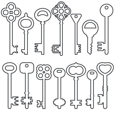 Beyaz arkaplanda doğrusal anahtar simgeleri. Vektör ayarlandı. Düz Çizim.
