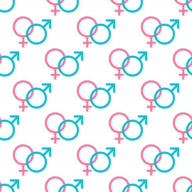 Venüs ve Mars 'ın sembolleri, erkek ve kadını işaretliyor, kusursuz desen. cinsiyet. vektör illüstrasyonu.