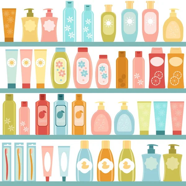 Shelf Cosmetics Shampoos Lotions Liquid Soap Toothpaste Store Vector Flat — Stock Vector