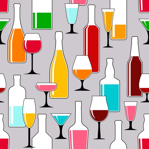 Bebidas Alcoólicas Garrafas Copos Vinho Ilustração Vetorial Padrão Sem Costura — Vetor de Stock