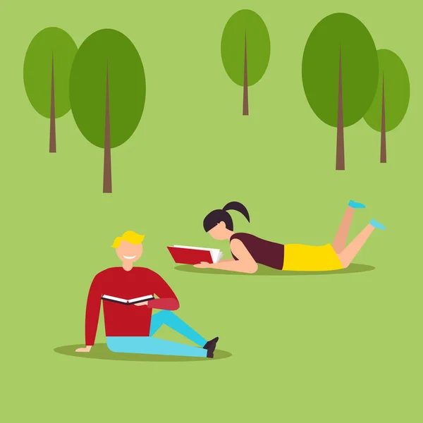 男人和女孩读书 坐在公园的草地上 矢量图解 — 图库矢量图片