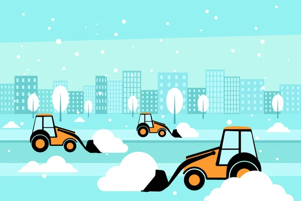 スノー プラウ トラクター 雪が積もる冬の街並み ベクターイラスト — ストックベクタ