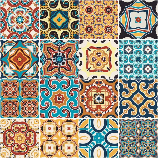 Geleneksel süslemeli Portekiz dekoratif renkli fayanslar azulejos. Soyut arkaplan. Vektör el çizimi, tipik Portekiz fayansları, seramik fayanslar. Kusursuz desen.