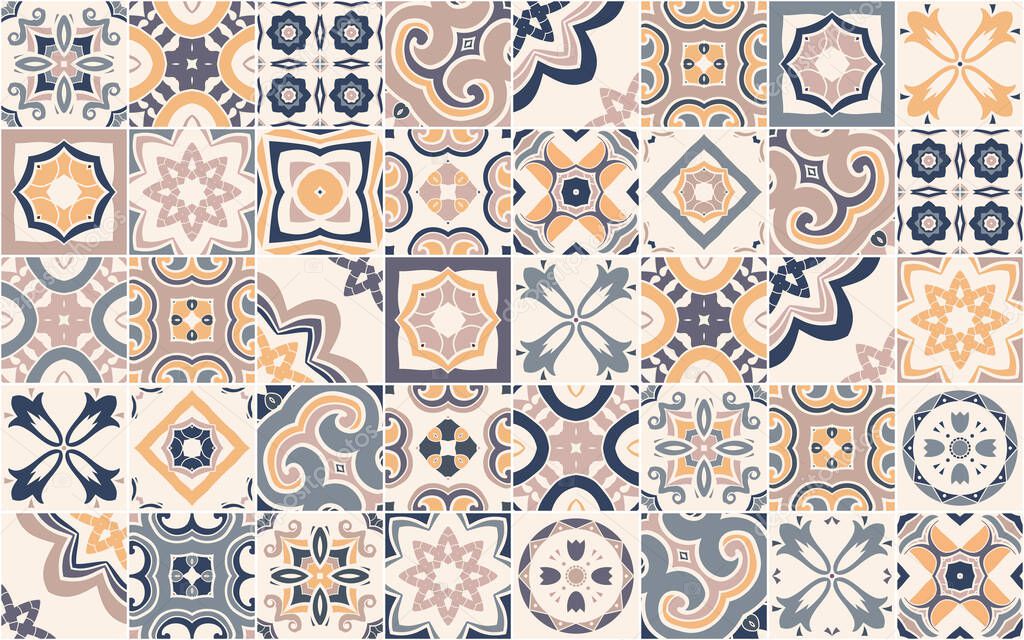 Seamless pattern with Portuguese abstract, hand-drawn tiles. Vector illustration of Azulejo. Multicolor design.