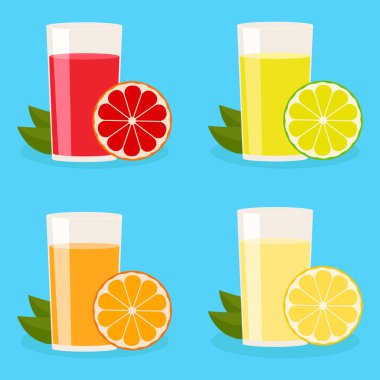 Turunçgillerden bir bardak meyve suyu. Farklı aromalar: greyfurt ve portakal, limon ve limon. Vektör çizimi. İçkiler..