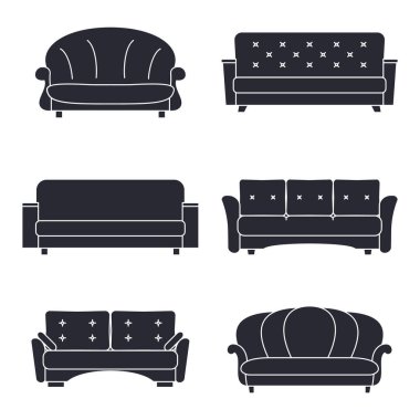 Kanepe, beyaz arka planda koyu renkli simgeler koleksiyonu. Vektör çizimi. Ev ve yatak için döşenmiş mobilyalar..