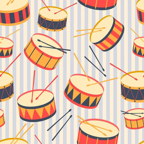 Naadloze Achtergrond Met Drums Drumstokken Vector Illustratie Patroon Vlak — Stockvector