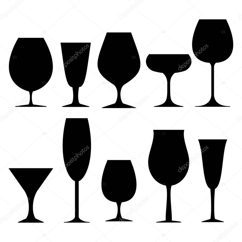 wine glasses, collection of  black icons on a white background. vector illustration.