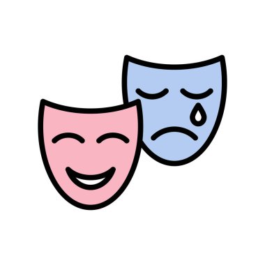 Tiyatro maskesi, doğrusal simge. Vektör çizimi. Komedi ve trajedi, kahkaha ve gözyaşı. insani duygu.