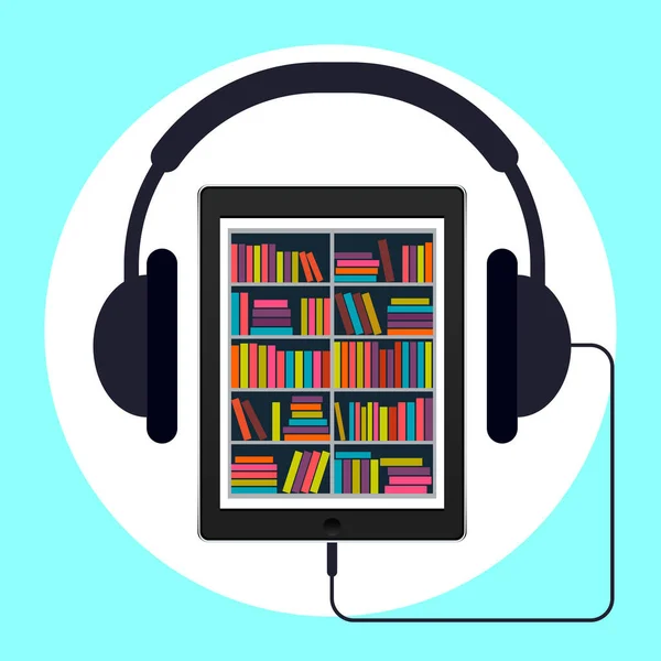 Audiobook, vektör çizimi. Elektronik kütüphane ve kulaklık şeklinde ekranda uygulaması olan tablet veya akıllı telefon.