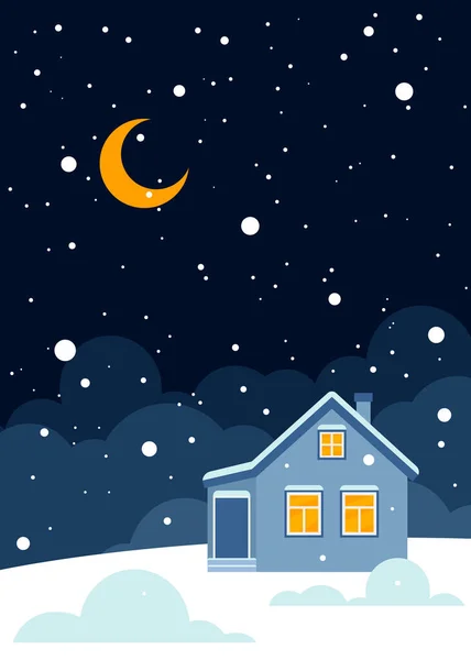 Casa Campagna Inverno Illustrazione Piatta Vettoriale Paesaggio Invernale Con Luna — Vettoriale Stock