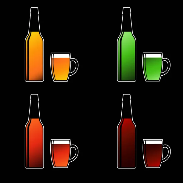 Cerveza Botellas Tazas Conjunto Iconos Vectoriales Sobre Fondo Negro Cervezas — Vector de stock