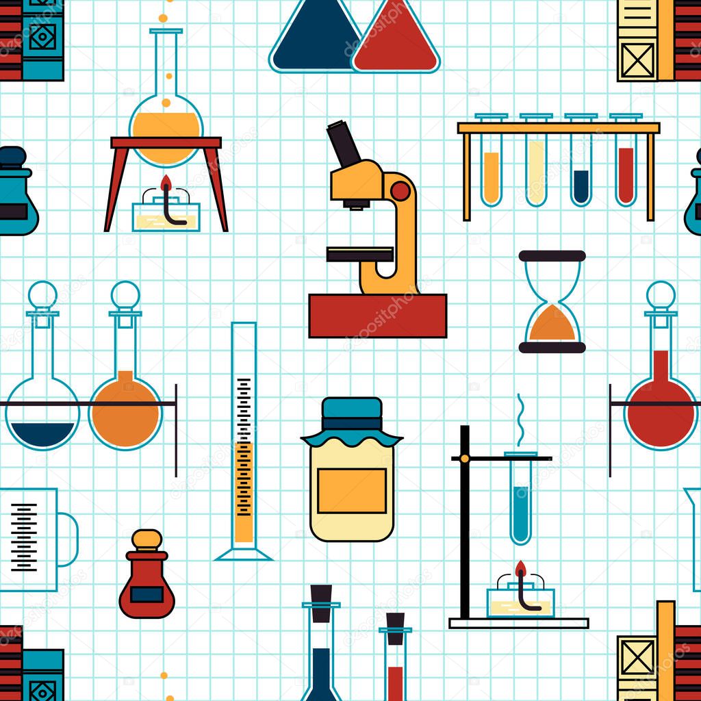 chemistry. laboratory glassware and reagents, instruments and equipment, seamless pattern, background.   vector illustration.