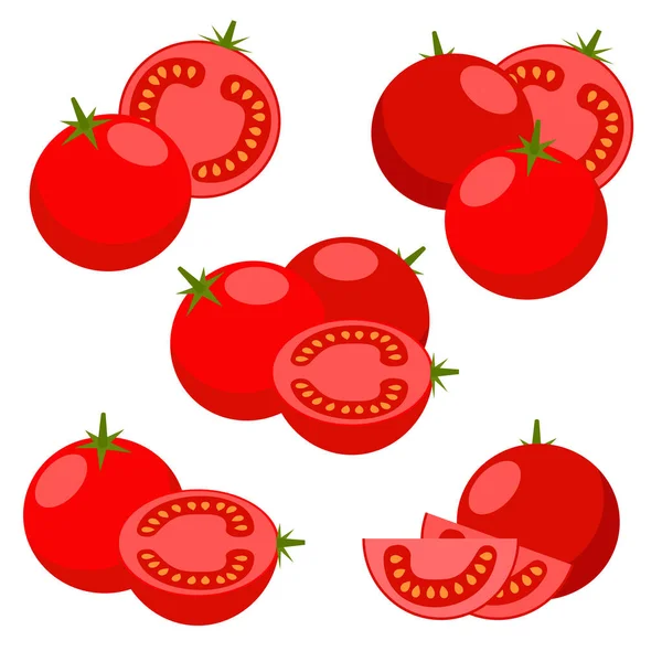 Tomate Vectorial Tomates Enteros Cortados Sobre Fondo Blanco Colección Ilustraciones — Vector de stock