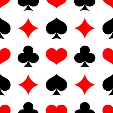 Kart takımlarıyla kusursuz desen. Beyaz arkaplanda kırmızı ve siyah vektör simgeleri. Elmaslar ve kalpler, maça ve sinekler.