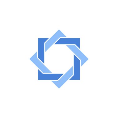 İki kare birbirine dolanır, beyaz arkaplanda vektör simgesi. Mavi sembol. Soyut illüstrasyon, logo.