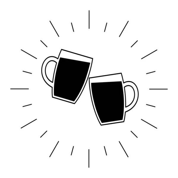 Two Mugs Beer Clink Vector Illustration Pub Black Outline White — Stock Vector