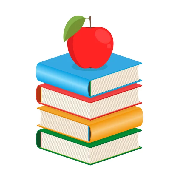 彩色封面的书籍堆叠 白色背景的苹果 矢量图解 回学校去 — 图库矢量图片