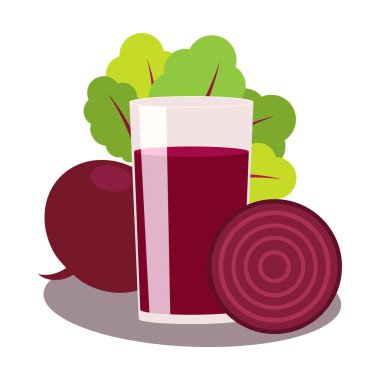 Beyaz arka planda pancar suyu. Bir bardak içki. Sebze tam ve yarım. Üstü açık bir kök. Vektör düz resimleme.