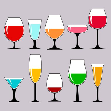 Alkollü şarap bardakları, izole ikon koleksiyonu. Vektör çizimi. İçki, şarap, kokteyl..