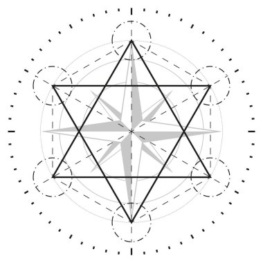 Kutsal geometri, din, ezoterik. Vektör çizimi. Piramit. Çevir. Rüzgarın gülü. Beyaz arkaplanda siyah çizgiler.