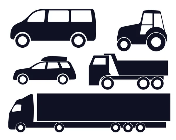 Cars Set Vector Black Icons White Background Passenger Cars Tractors — Stock Vector