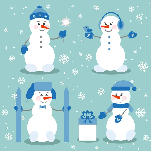 Snowmen, vector collection. Cute funny snowmen in winter clothes during a snowfall. Christmas or new year card. Flat, cartoon.