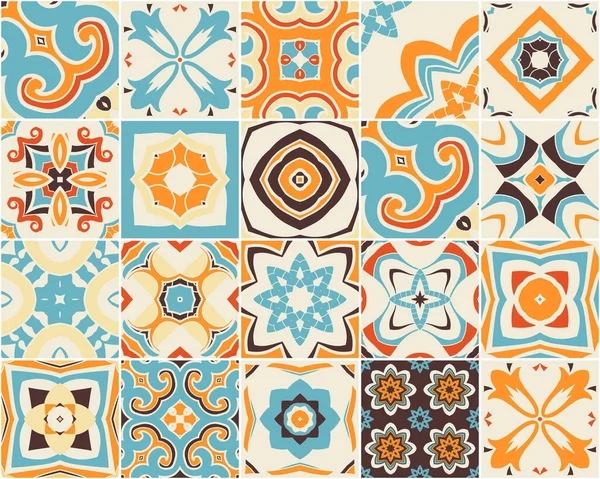 Portekiz Azulejos fayanslarının stilinde pürüzsüz renkli desenler. Vektör çizimi. Soyut parlak süslemeleri olan seramik renkli fayanslar.