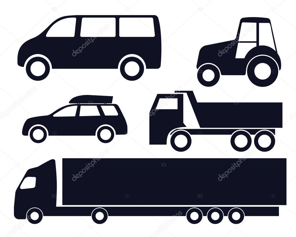 cars, set of vector black icons on a white background. passenger cars, tractors and trucks.