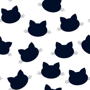 Kedi, beyaz arka planda siyah siluetleri olan kusursuz bir desen. Vektör çizimi. Bir evcil hayvan.