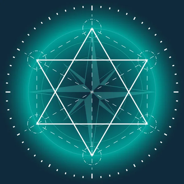 神聖な幾何学 孤立したベクトル図 ピラミッド 風のバラ 青い背景の白い線 — ストックベクタ