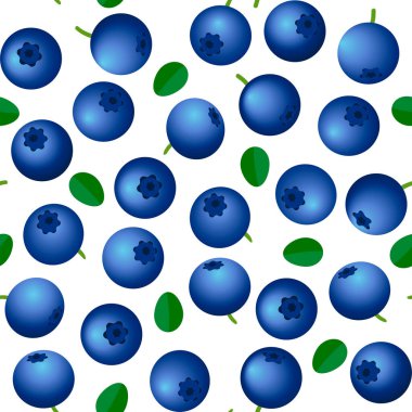 Beyaz arka planda yaban mersinli ve yapraklı kusursuz desen. Vektör çizimi. Böğürtlen veya meyve arka planı.