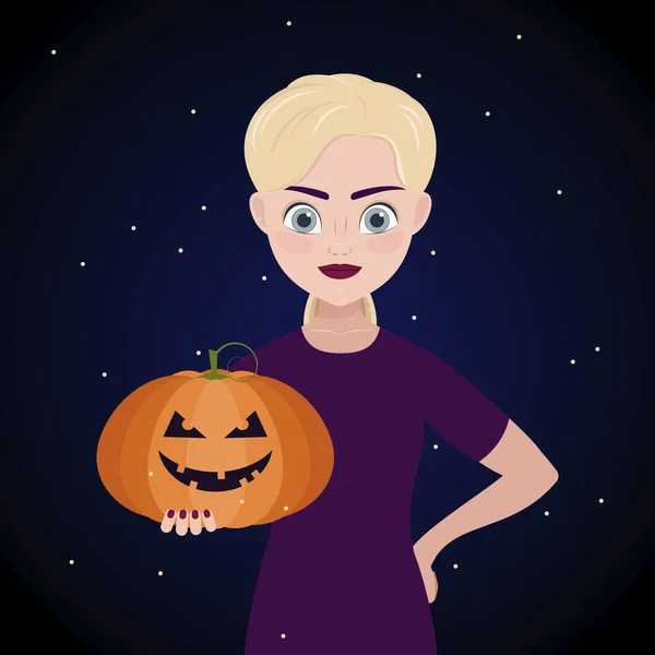 Dziewczyna Trzyma Ręku Latarnię Dyni Halloween Ilustracja Wektora Postać Kobieca — Wektor stockowy